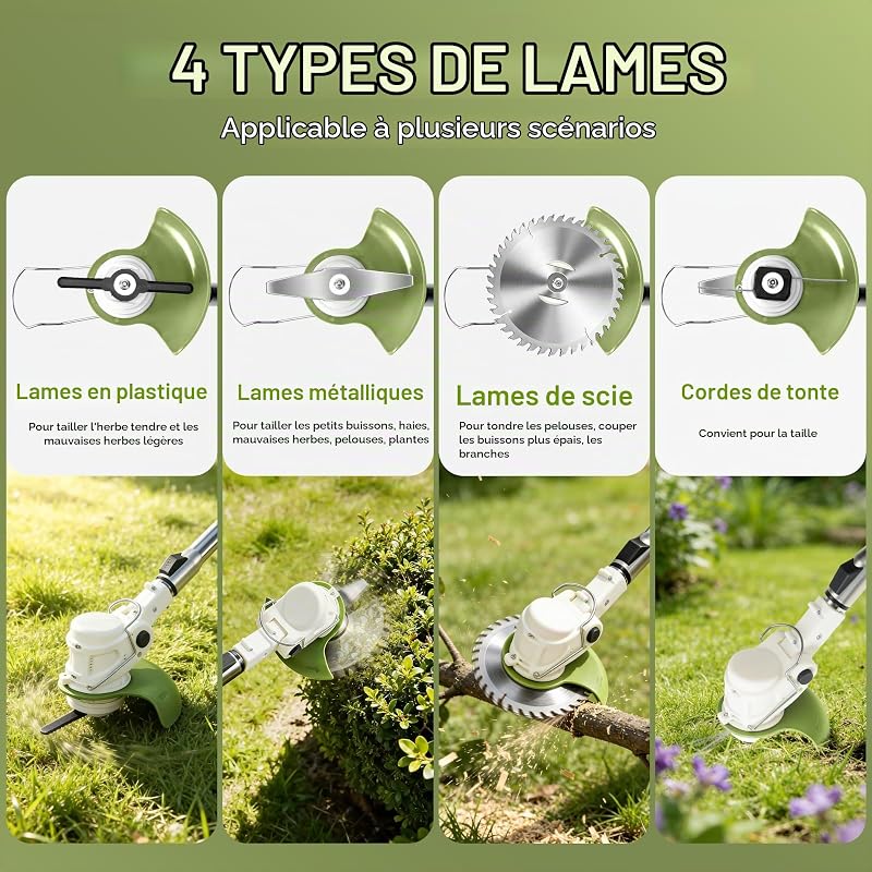 Débroussailleuse Électrique sans Fil 21V - Coupe Bordure Batterie 4Ah avec Lames Métalliques, Poignée Réglable, Adapté pour Jardin Pelouse Et Bordures, Puissant pour Coupe Herbe (Beige)
