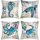 Bonhause Nautical Coastal Ocean Throw Pillow Covers 18 x 18 Inch Set of 4 Sea Turtle Seahorse Octopus Outdoor Decorative Pillow Cases Polyester Linen Cushion Covers for Sofa Couch Bedroom Home Décor