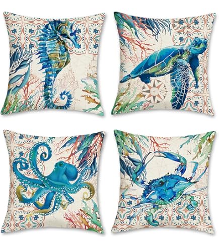 BESTORLOVE Juego De 2 Fundas De Almohada Decorativas De 20 X 20 Pulgadas Con Temática De Océano, Tortuga, Pulpo, Cangrejo, Caballito De Mar, Peces Y Peces