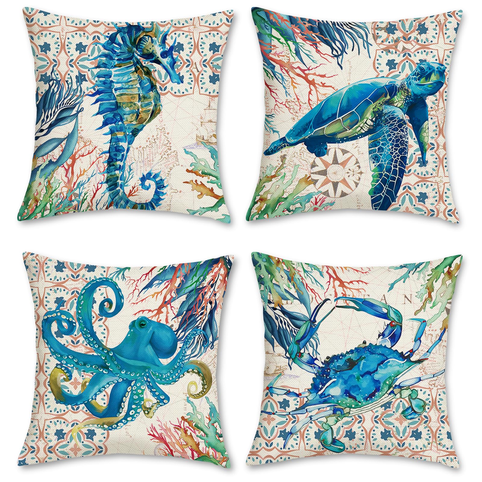 Bonhause Ocean Sea Turtle Cushion Covers 45cm x 45cm Set of 4 Seahorse Octopus Crab Coral Decorative Throw Pillow Covers Polyester Linen Pillowcases for Sofa Couch Outdoor Home Décor