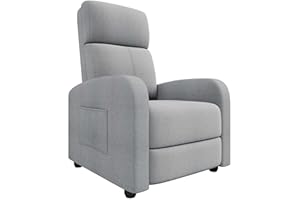 IDEALHOUSE Small Linen Fabric Manual Recliner Chair with Side Pocket, High Backrest, Thick Cushion, Adjustable Push-Back Recl