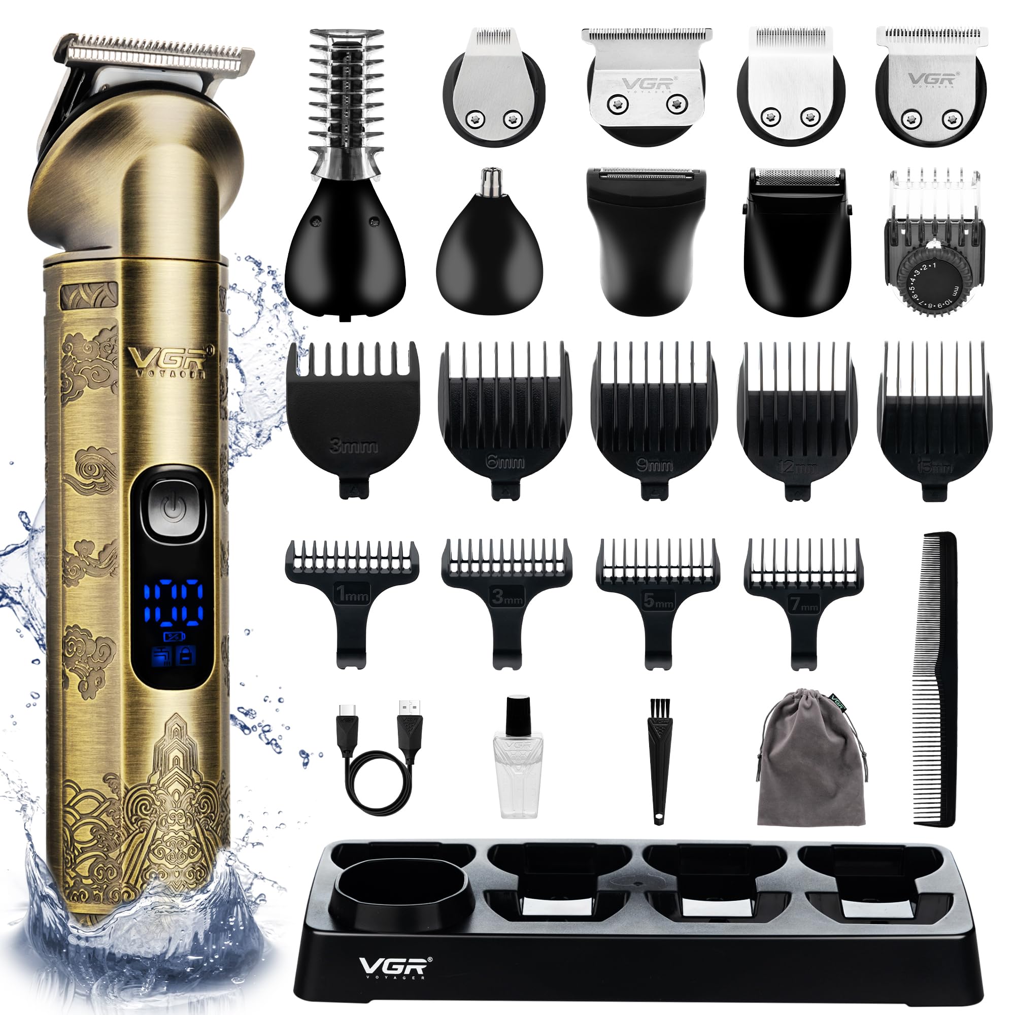 VGR Beard Trimmer for Men Rechargeable - Cordless Hair Clippers - IPX6 Waterproof - Electric Shaver Razor - Male Grooming Kit for Ear Nose Body Facial Stubble Head Haircuts - 8 in 1