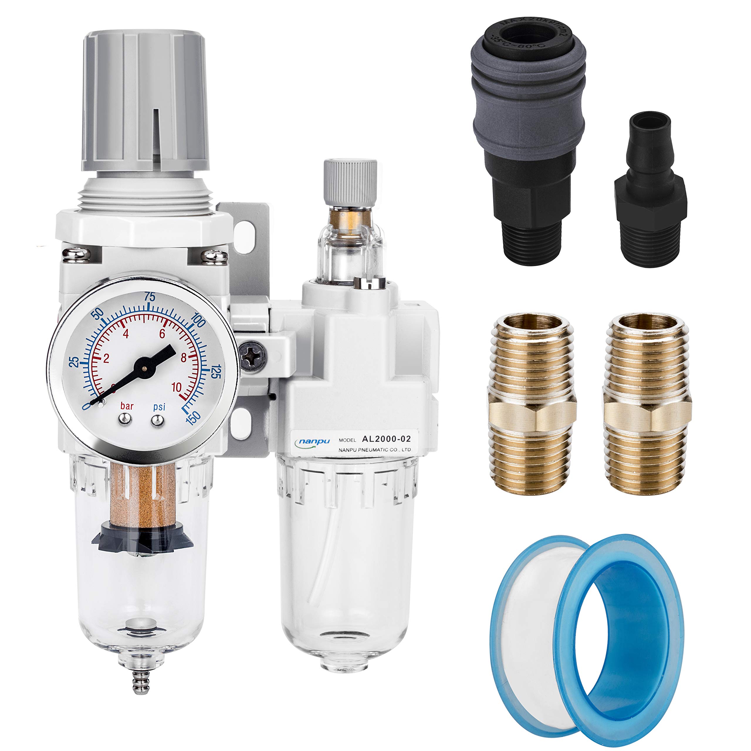 NANPU 1/4" BSP Compressed Air Filter Regulator Lubricator Combo (FRL) Water/Oil Trap Separator - Gauge (0-10 Bar), Poly Bowl, Semi-Auto Drain, Metal Bracket