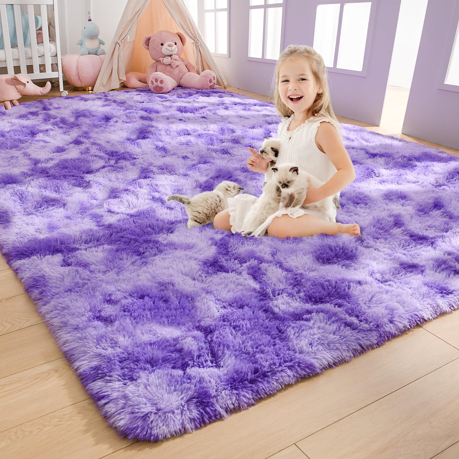 AROGAN Soft Rainbow Area Rugs for Girls Room 6x9 Feet, Fluffy Girls Bedroom Rugs, Princess Rug, Cute Colorful Carpet for Kids Teens Nursery Toddler （Purple） Image