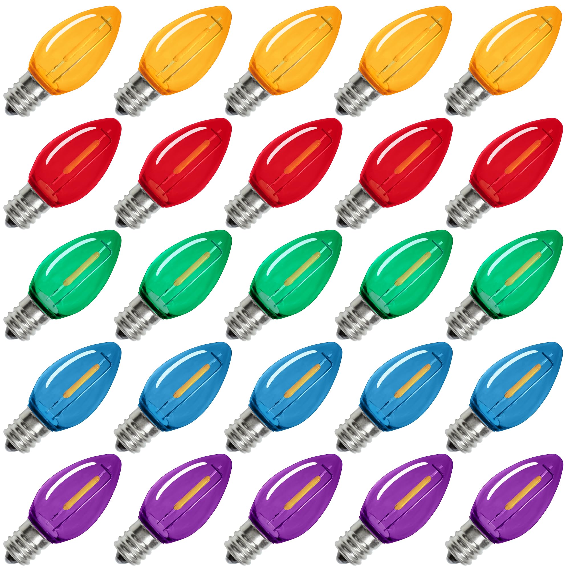 Photo 1 of BORT 25 Pack C7 LED Replacement Light Bulb, Shatterproof C7 LED Bulbs for Christmas Outdoor String Lights, E12 Candelabra Base, Commercial Grade Holiday Bulbs - Multicolor