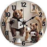 CHGCRAFT Funny Bear Pattern Round Wall Clock 12 Inch | Toilet and Newspaper Round Decorative Clocks for Bedroom Living Room Kitchen Office