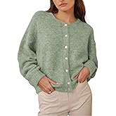 HOWALOOK Women's Round Neck Button Down Long Sleeve Blouse Cardigan Loose Fit Knit Top Crewneck Sweater