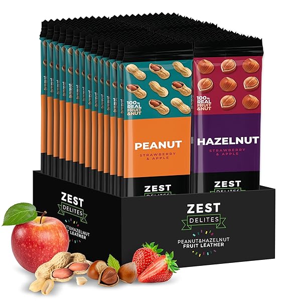 ZEST DELITES FRUIT LEATHER SNACKS WITH NUTS, FRUIT STRIPS, FRUIT ROLL UPS, FRUIT BARS, VEGAN, GLUTEN FREE, FRUIT LEATHER HEALTHY SNACKS BULK PACK, HEALTHY SNACKS FOR ADULTS, 0.88 OZ X 28