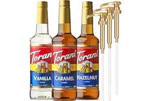 Coffeehouse Favorites - Vanilla, Caramel, Hazelnut Syrup with Little Squirt Syrup Pump, Plastic Bottle 750ml 25.4 Ounces
