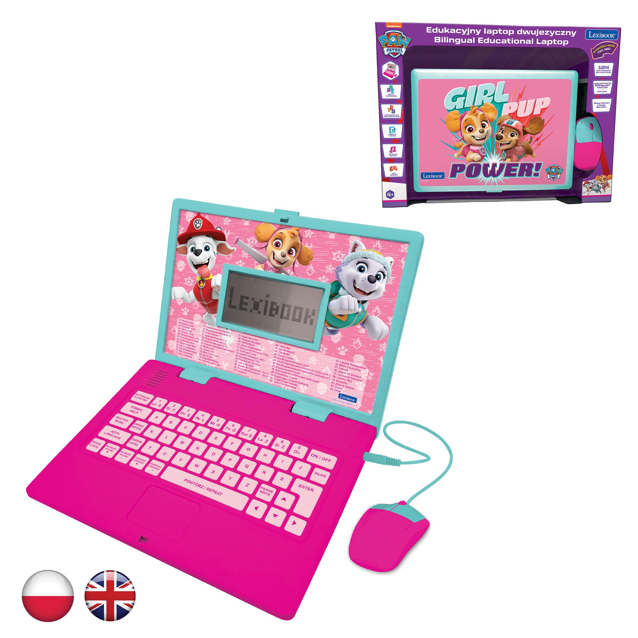 LEXIBOOK, Paw Patrol, Bilingual ENGLISH/POLISH Educational Computer, Toy for children with 124 language, writing, maths, logic, music activities and games, Pink, JC598PAGi17