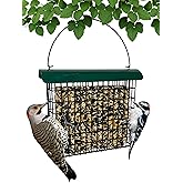 Backyard Essentials Large Suet Feeder - Metal Woodpecker Suet Cage w/Roof | Holds 1 Large Seed Cake. Metal Roof Keeps Suet Dry. Multiple Clinger Birds Feed at Once - Woodpeckers, Finches, Chickadees.