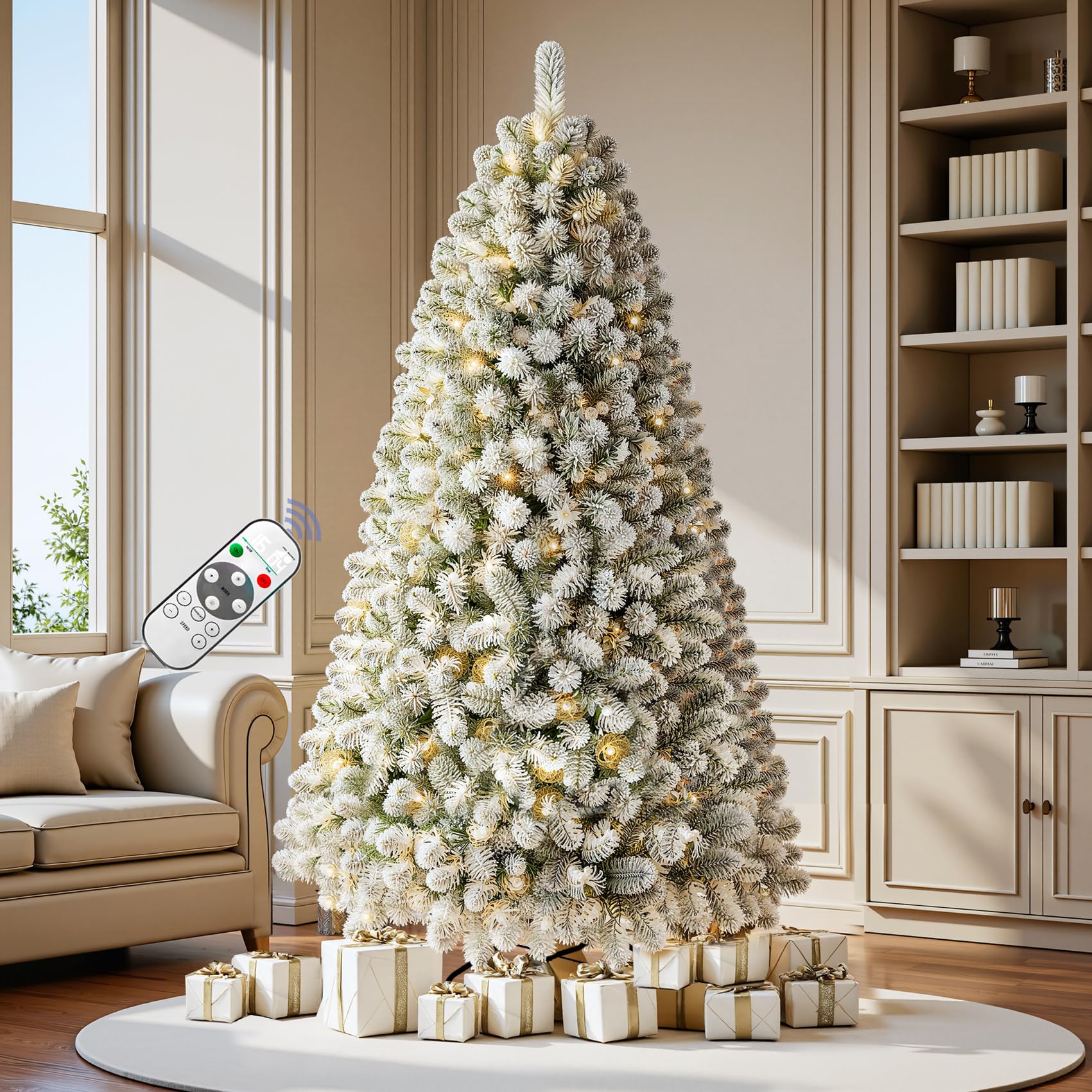 Photo 1 of **BOX DAMAGED *** 7.5 Ft Pre- Snow Flocked Christmas Tree Spruce with Remote Control, 350 Warm White Multi-Color Changing LED Lights, Artificial Hinged/Feel Real/Realistic for Home, Dual Color LED