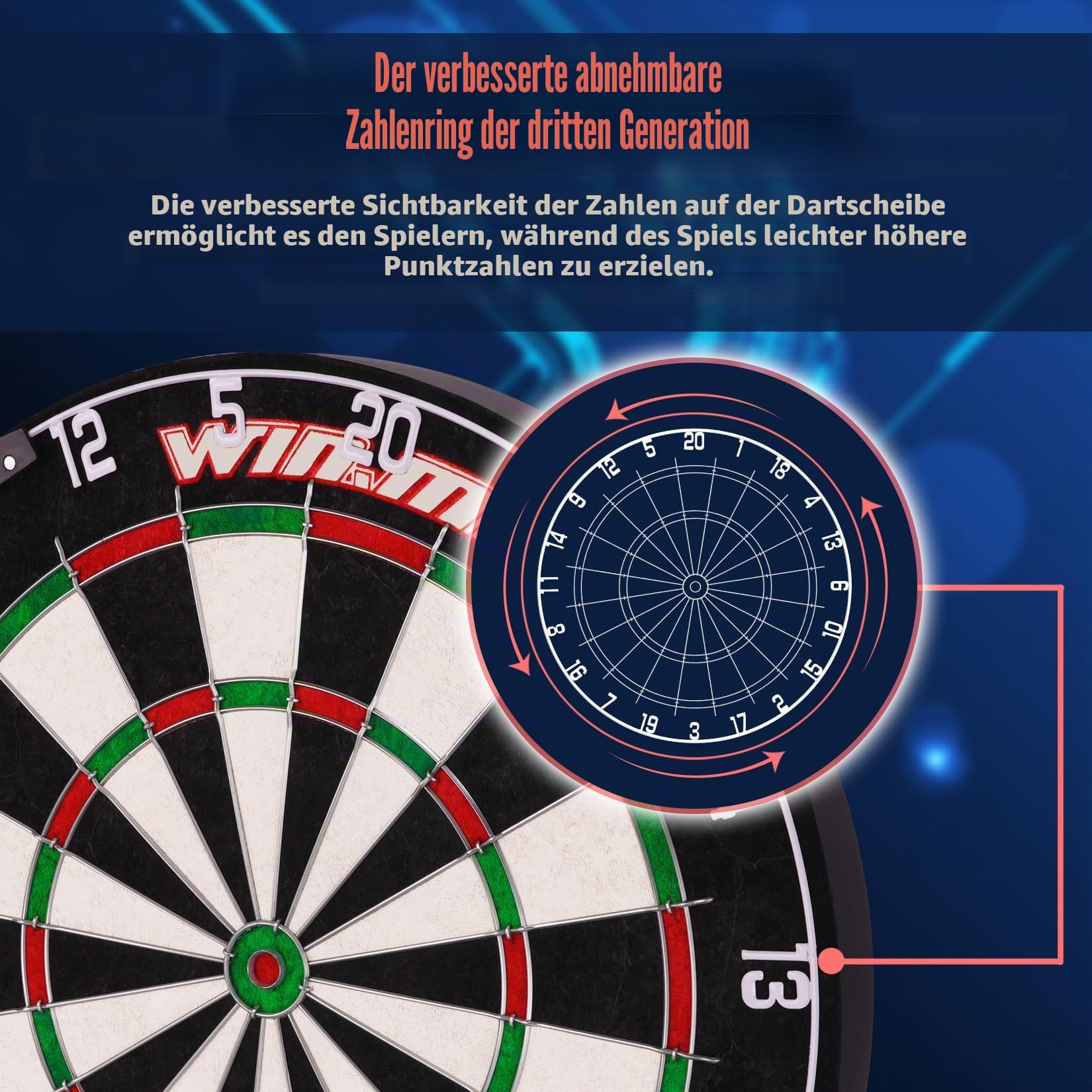WIN.MAX Dartscheibe Kork Dartscheibe mit Pfeilen Offizielles Steeldartscheibe Steeldart Set 12 Dartpfeile Metallspitze,24 Flights 4