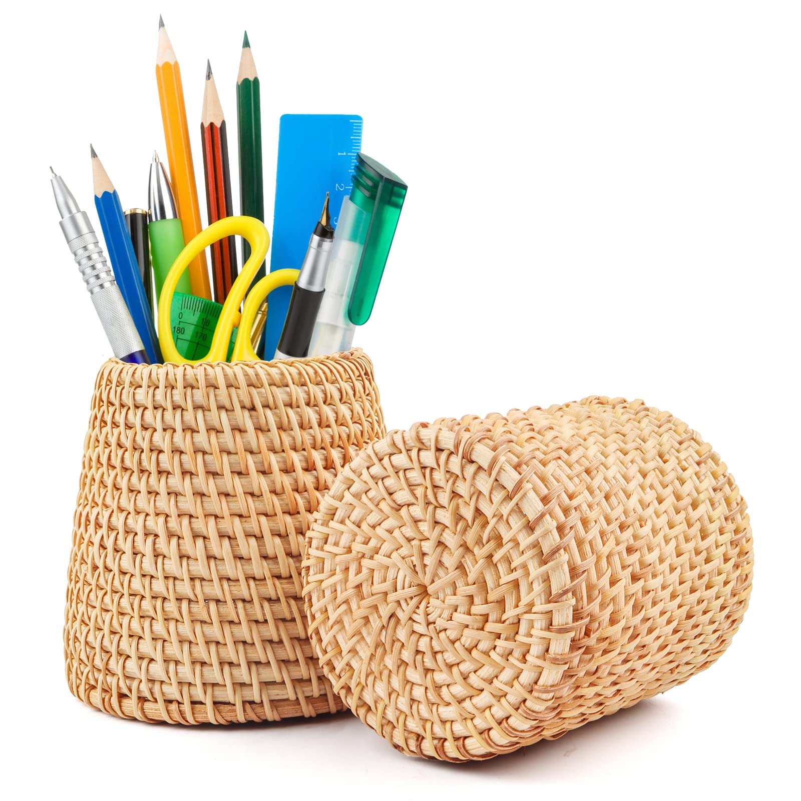 Geila Rattan Multi-use Organizer, Hand-woven Desk & Table Caddy, Wooden Pen & Pencil Pots, Makeup Brush Holder, Cutlery Organizer