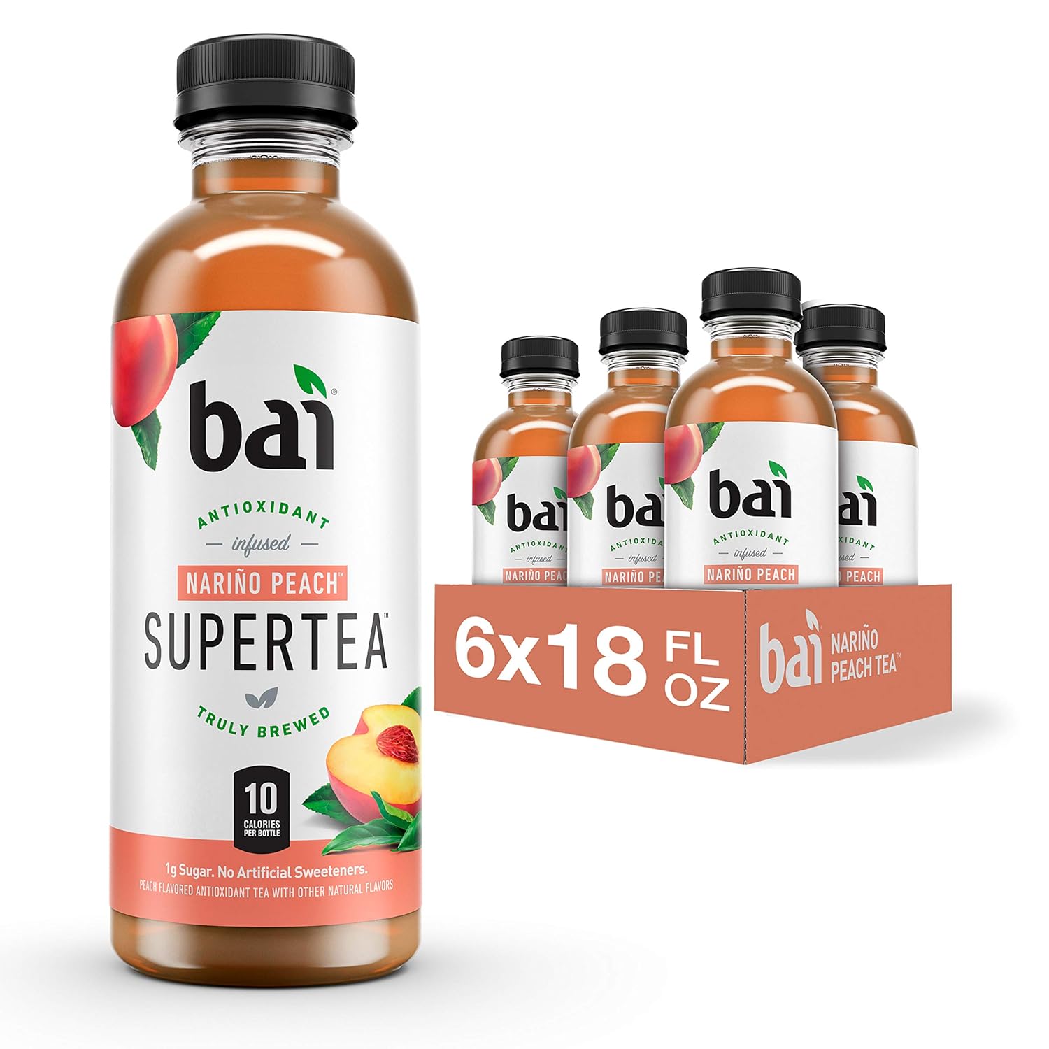 Bai Iced Tea, Narino Peach, Antioxidant Infused Supertea, Crafted with Real Tea (Black Tea, White Tea), 18 Fluid Ounce Bottles, 6 Count