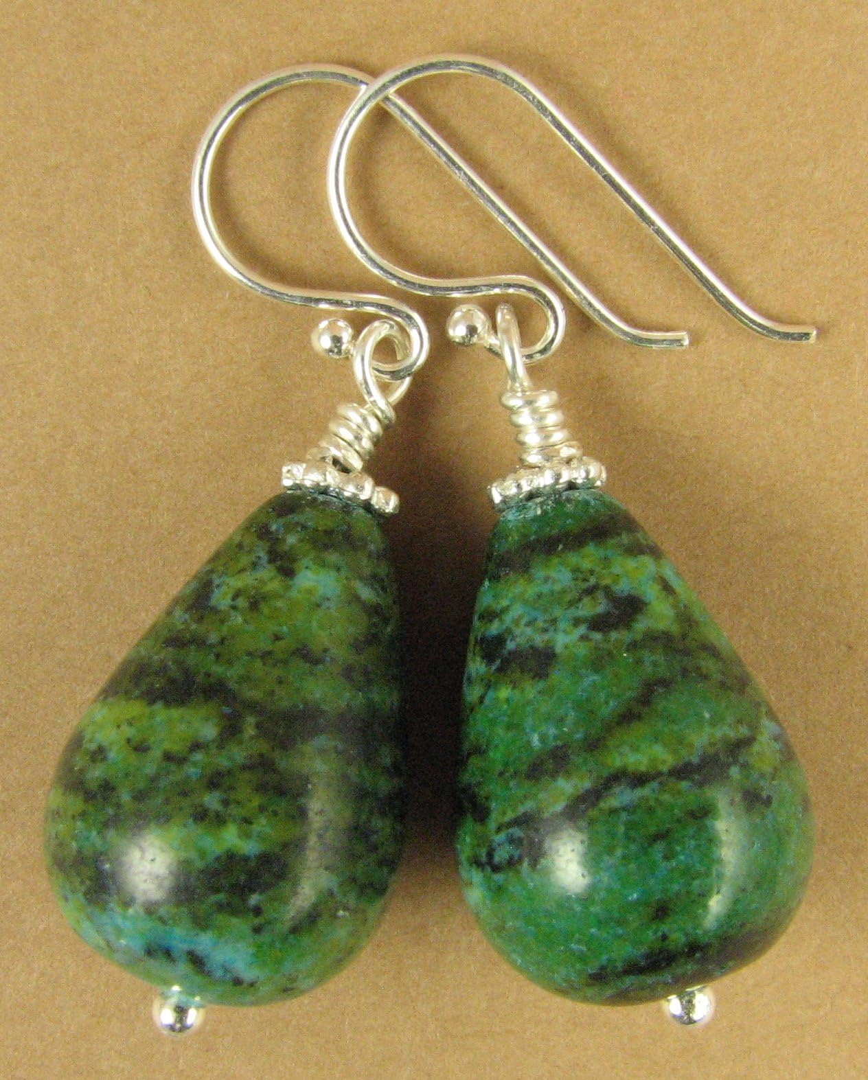 Large chrysocolla earrings.Teardrop.Blue/green/turquoise. Sterling silver 925.