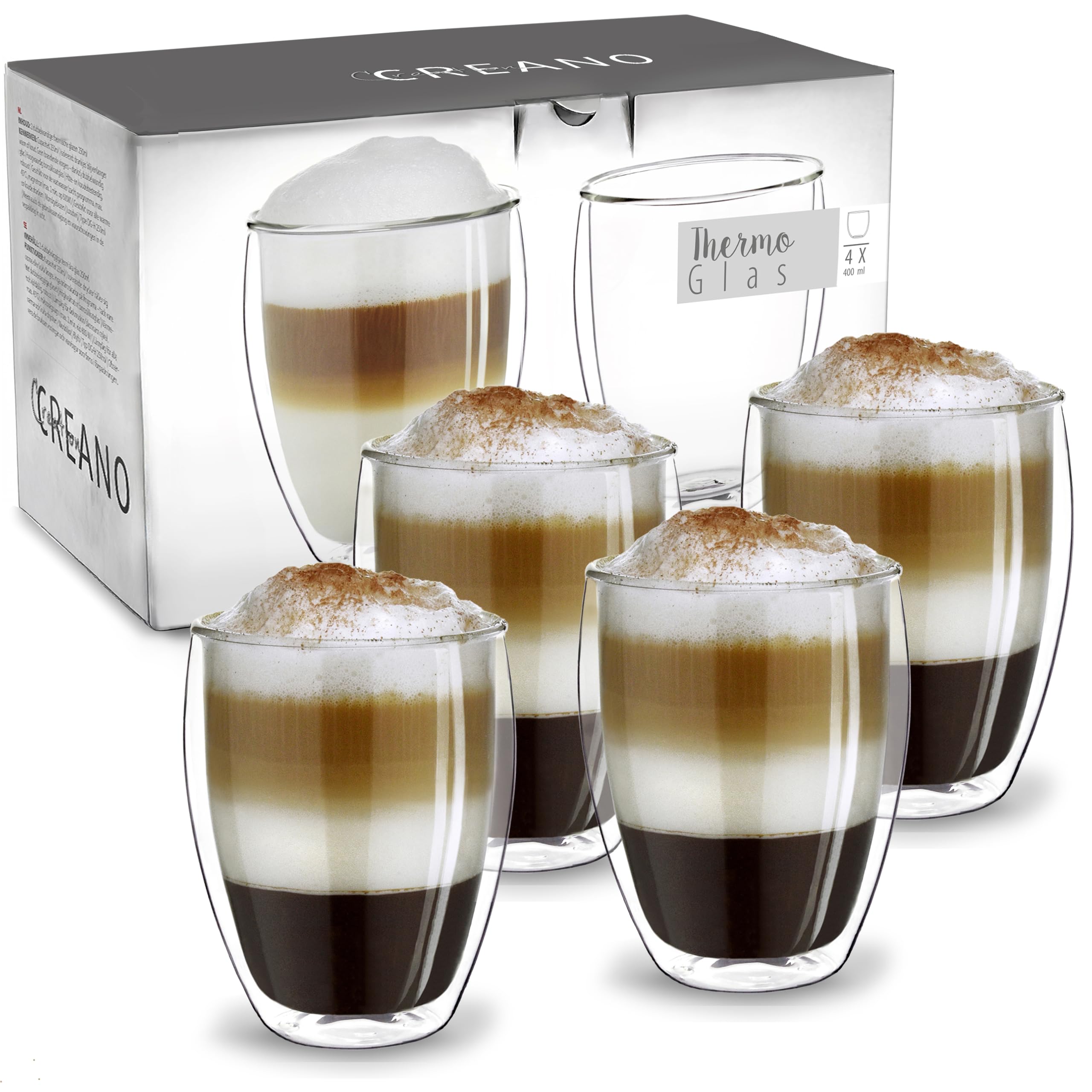 Creano Double Walled Coffee Glasses 400ml - Insulated XXL Latte Macchiato Cups - Cappuccino, Tea - Handmade Heat Resistant Mugs - 4 pcs (Pack of 1)