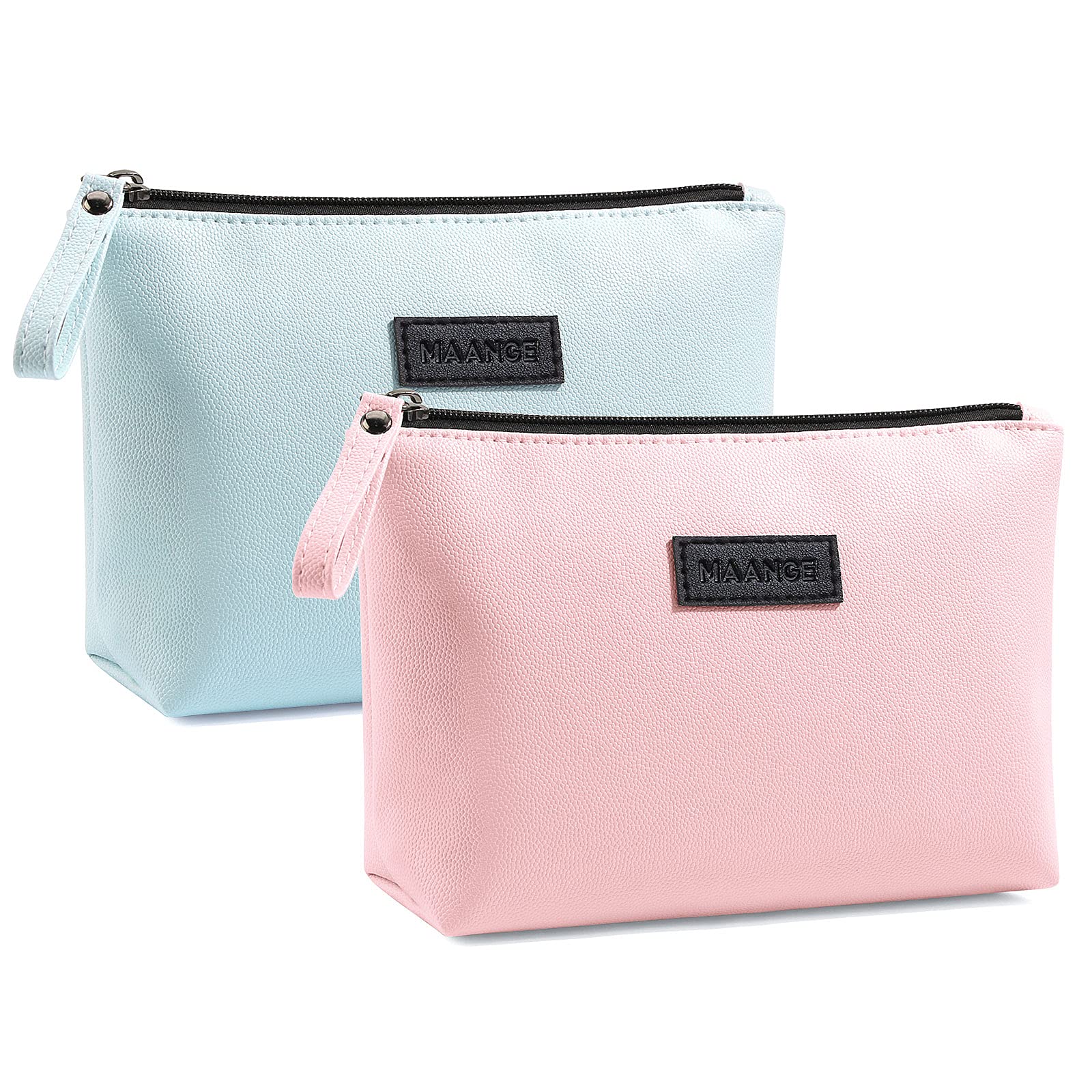 Small Makeup Bag MAANGE 2 Pcs Travel Cosmetic Bag Portable Makeup Pouch Waterproof PU Leather Make up Bag Cosmetic Bag for Purse with Handle Versatile Zipper Pouch for Women (Pink+Blue)