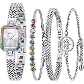 BERNY Silver Watches for Women Dainty Quartz Bracelet Watch Ladies Wrist Watch and Bracelet Set Coloured Stones Accented Fashion Luxury Birthday Gifts for Women