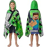Minecraft Towelling Poncho Kids Teens Hooded Bath Towels Absorbent Beach Towel (Green/Black, 6-14 Years)