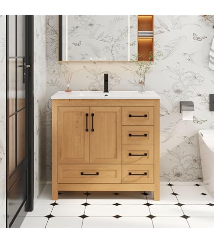 Merax 36 Inch Bathroom Vanity Combo – Freestanding Brown Oak Cabinet With Ceramic Sink, Soft-Close Doors, 2 Drawers & Adjustable Shelf