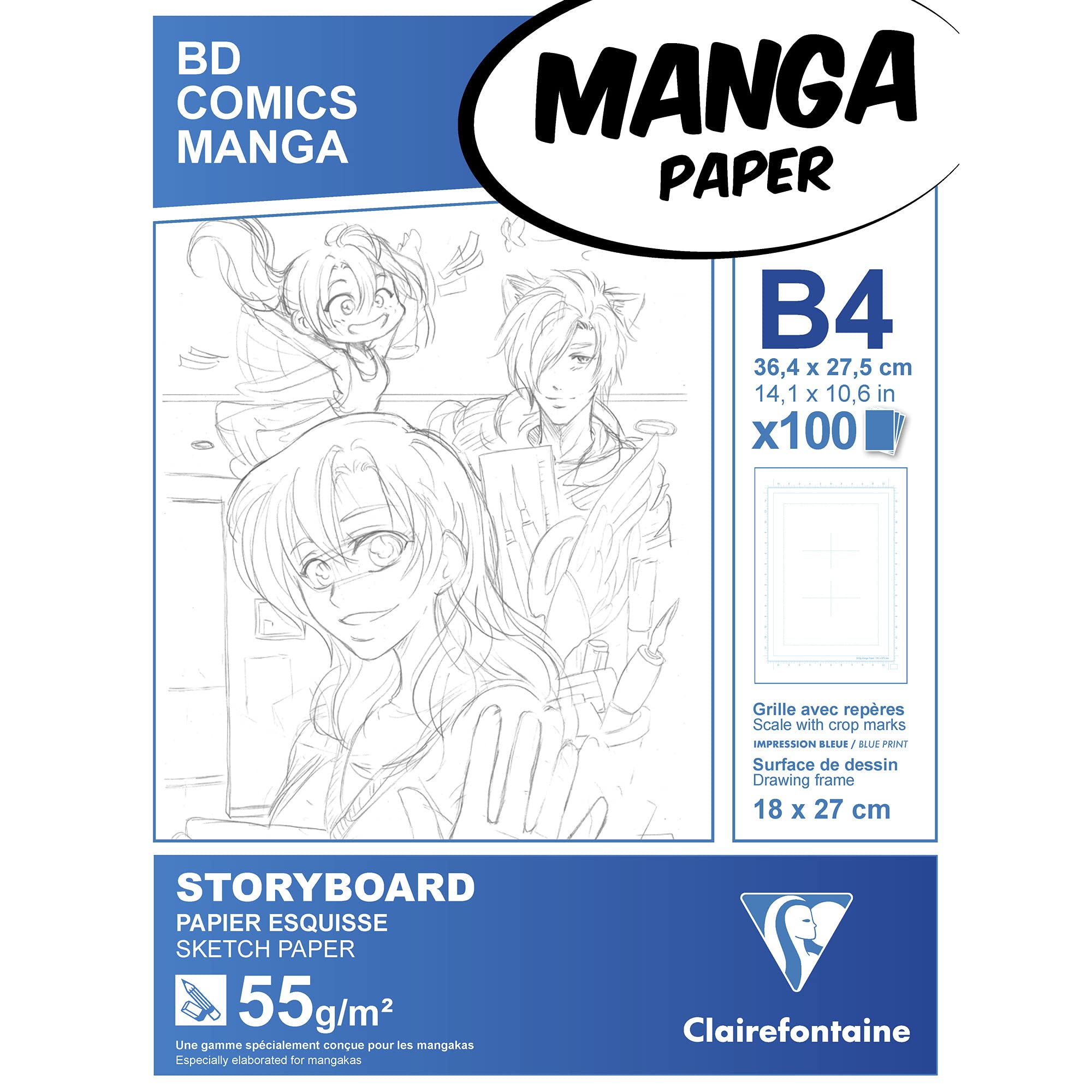Clairefontaine - Ref 94040C - Manga Storyboard Glued Pad (100 Sheets) - B4 (27.5x37.4cm) Size, 55gsm Paper, White & Smooth, Ideal for Markers, Bleedproof