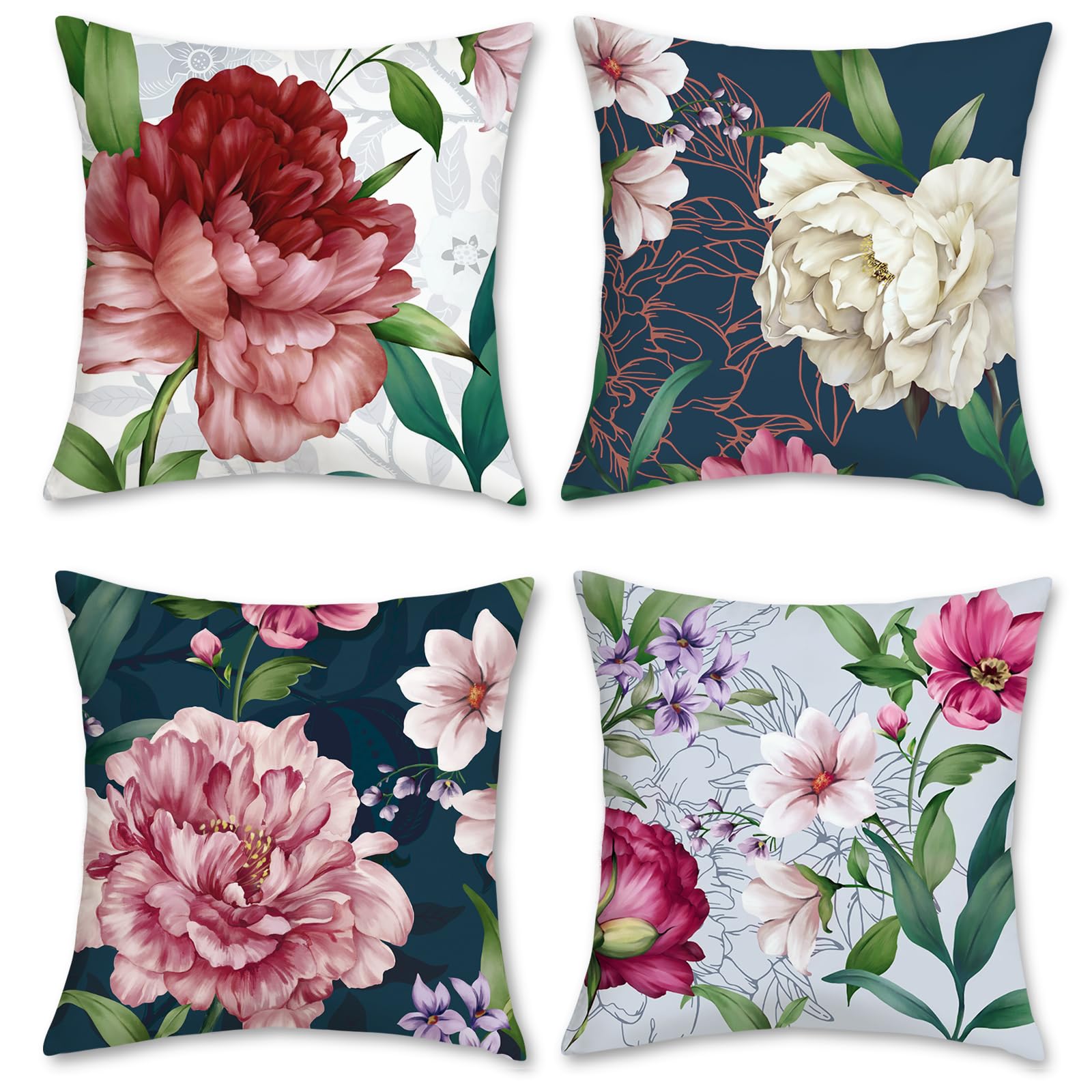 Bonhause Peony Flower Cushion Covers 45 x 45 cm Pink Floral Decorative Throw Pillow Covers Soft Velvet Pillowcases for Sofa Bed Garden Patio Home Decor Set of 4