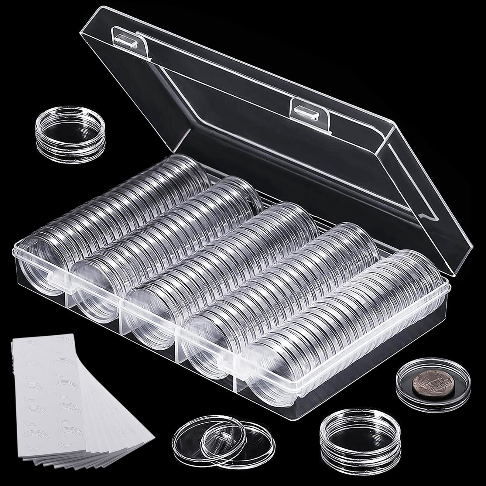 FORYNXHWIN 100Pcs Coin Holder Capsules Fitting 5 Sizes 17/20/25/27/30mm, Coin Storage Box With EVA Protect Gasket, Clear Cases for Collection Supplies Silver Dollar Pounds Cents