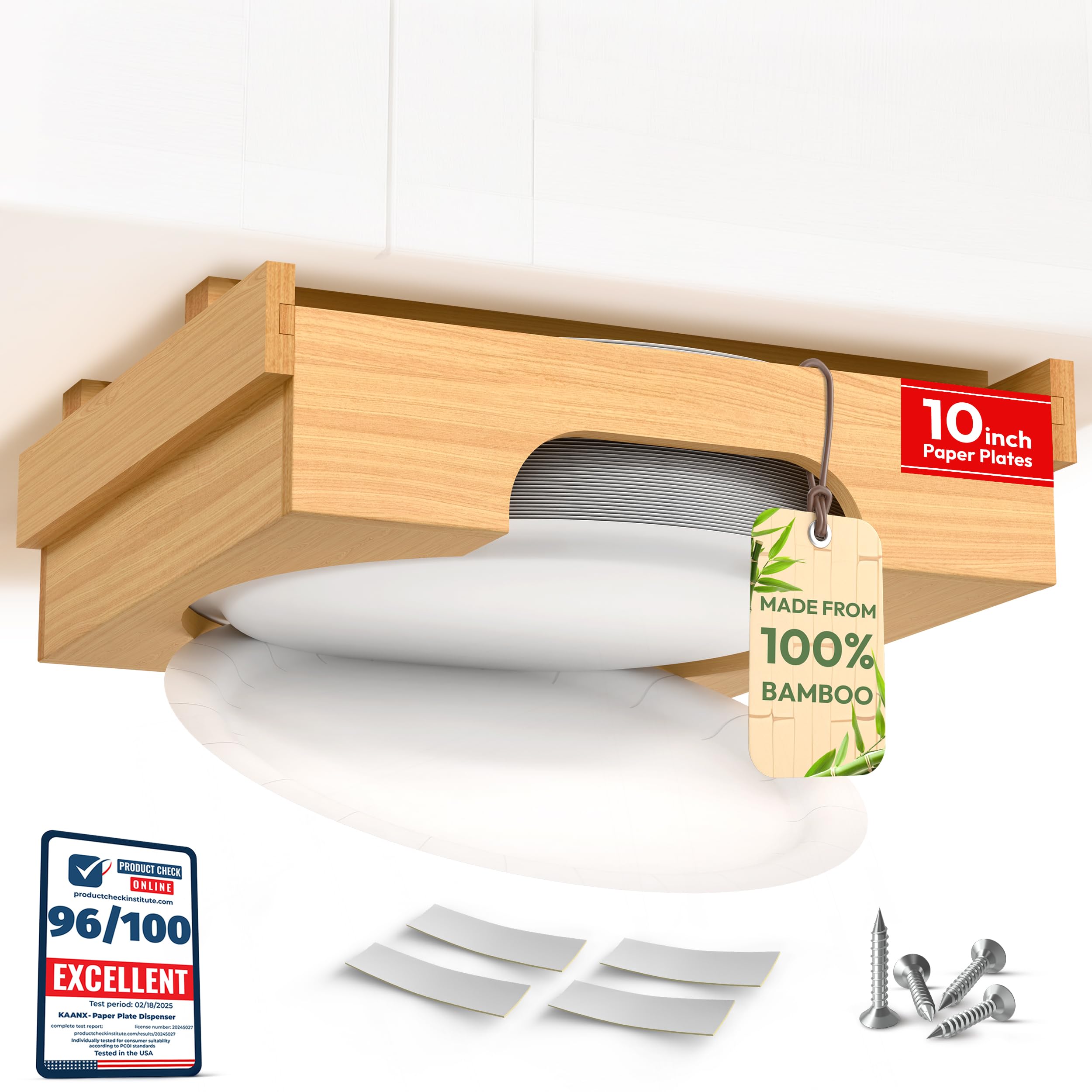 Photo 1 of 10 inch Paper Plate Dispenser Holder Bamboo Under Cabinet Vertical Rack for Kitchen Countertop Organizer Space Saver Shelf Lid Holder Counter Storage Can Dispenser Pantry Aid Caddy Estante