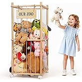 Edudif Stuffed Animal Storage Zoo, Wooden Stuffed Animal Organizer with Removable Wheels & 5-Row Elastic Cords, Space-Saving Plush Toy Storage Holder for Playroom, Bedroom, Nursery