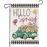 EKOREST Hello Spring Garden Flags for Outside, Buffalo Plaid Truck with Flowers Yard Decoration, Small Seasonal Summer Outdoor Decor for Farmhouse Holiday,12x18 Inch Double Sided