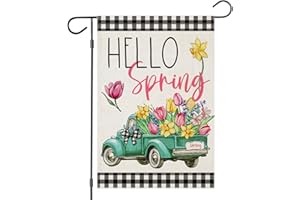 EKOREST Hello Spring Garden Flags for Outside, Buffalo Plaid Truck with Flowers Yard Decoration, Small Seasonal Summer Outdoor Decor for Wedding Anniversary Farmhouse Holiday,12x18 Inch Double Sided