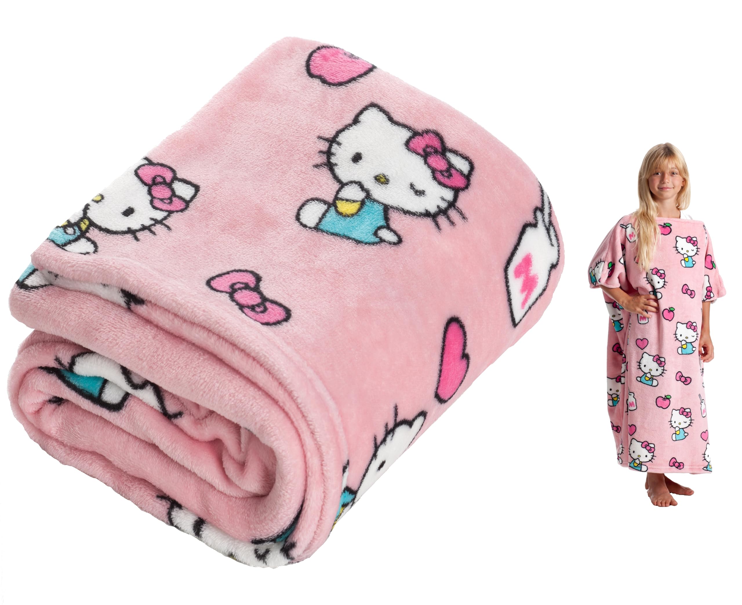 Kanguru Momonga Hello Kitty Wearable Blanket for Kids Children (4-12 Years) - Soft Fleece Oversized Snuggle Cute Blanket for Girls, Pink (80x90cm/ approx. 32 x 36 inches) - Ideal Hello Kitty Gifts