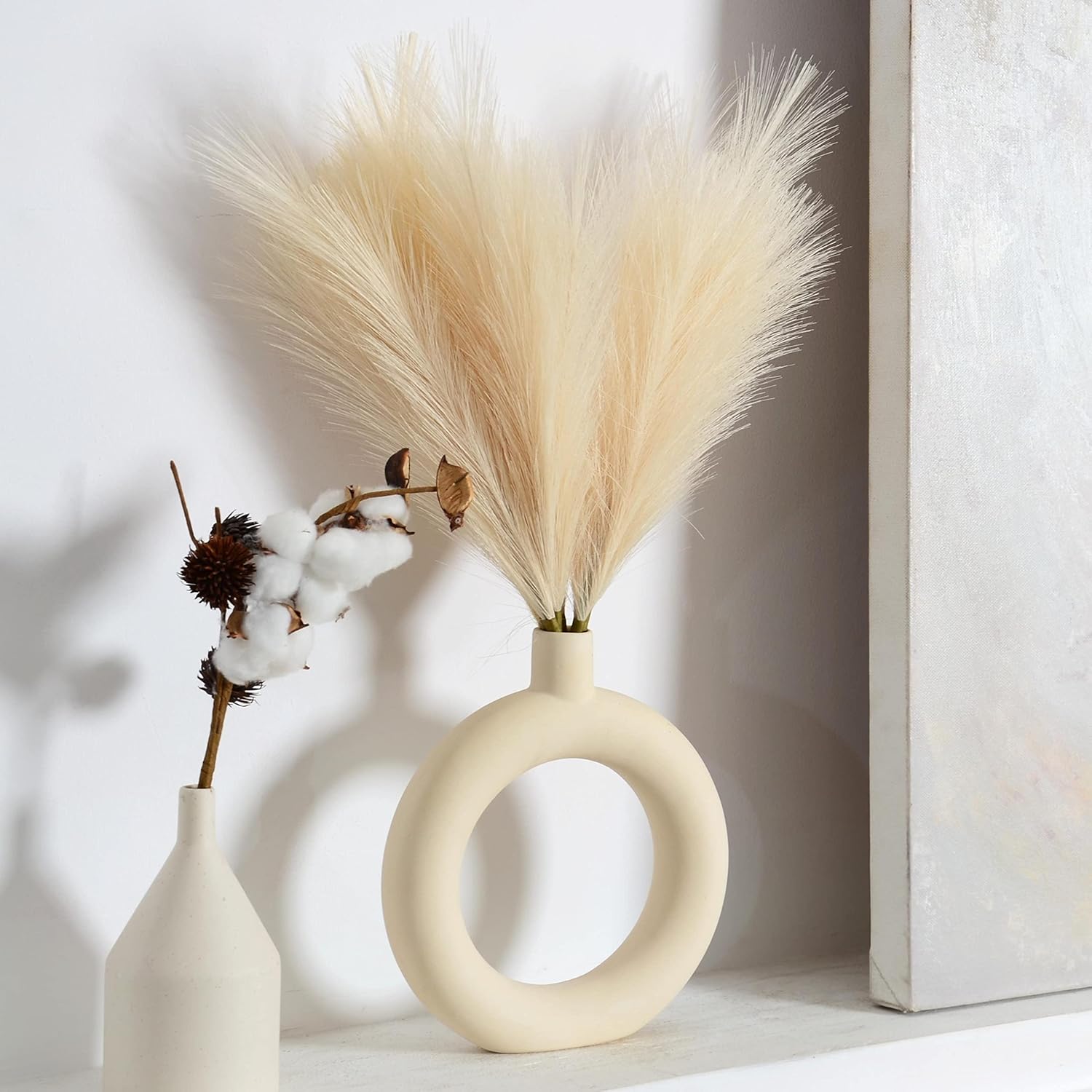Dried & Preserved Flora - PERFNIQUE Faux Pampas Grass, Set of 6 Stems 17'' Short Artificial Fake Flowers, Small Vase Fillers, Rustic Trendy Cottagecore Minimalist Boho Farmhouse Room Decor, Vase Accent (Cream)