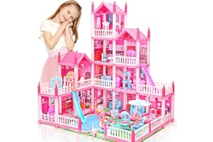 AmiDear Dollhouse, 4-Story 11 Rooms Pool Party Doll House, Princess Dream Doll House Playset with Furniture, Pink Toddler Play-House Toy for 3 4 5 6 7 8 9 10 Year Old Girls