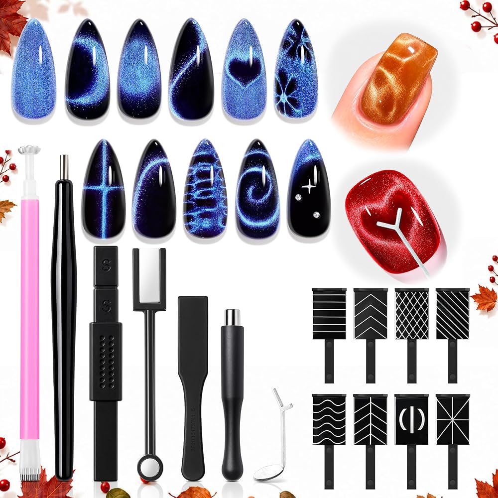 modelones Cat Eye Magnet 15PCS Cateye Fall Gel Polish Nail Stuff | Multi-shape Heart Moon Flower Square Effects with Bead-Att