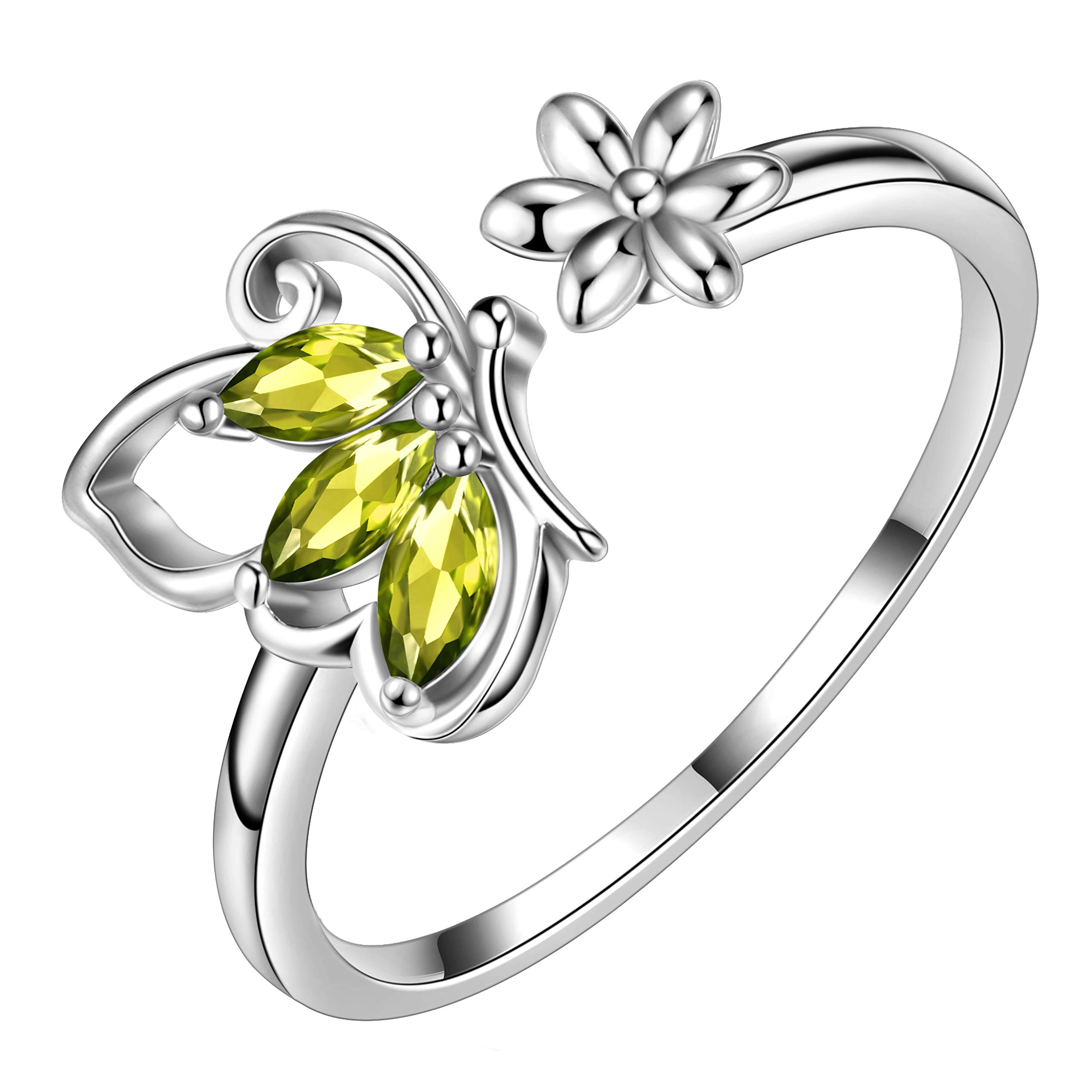 Aurora Tears Butterfly Adjustable Rings 925 Sterling Sliver August Birthstone Green Peridot Opening Ring Animals Jewelry Gift for Women and Girls DP0077A
