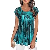 Furnex Women's Short Sleeve Tunic Shirt Pleated Mesh Blouses Summer Floral Tops