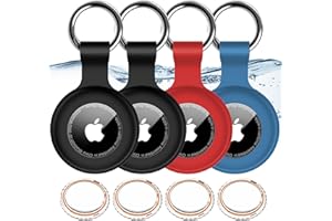 HITFINE 4 Pack,IPX8 Waterproof Airtag Holder for Apple Air Tags with Air Tag Keychain,Shockproof GPS Cases [Anti-Scratch] [PC+Silicone] Air-Tag Item Finders Cover,Lovely Air Tags Cover,Black/Black/Red/Blue