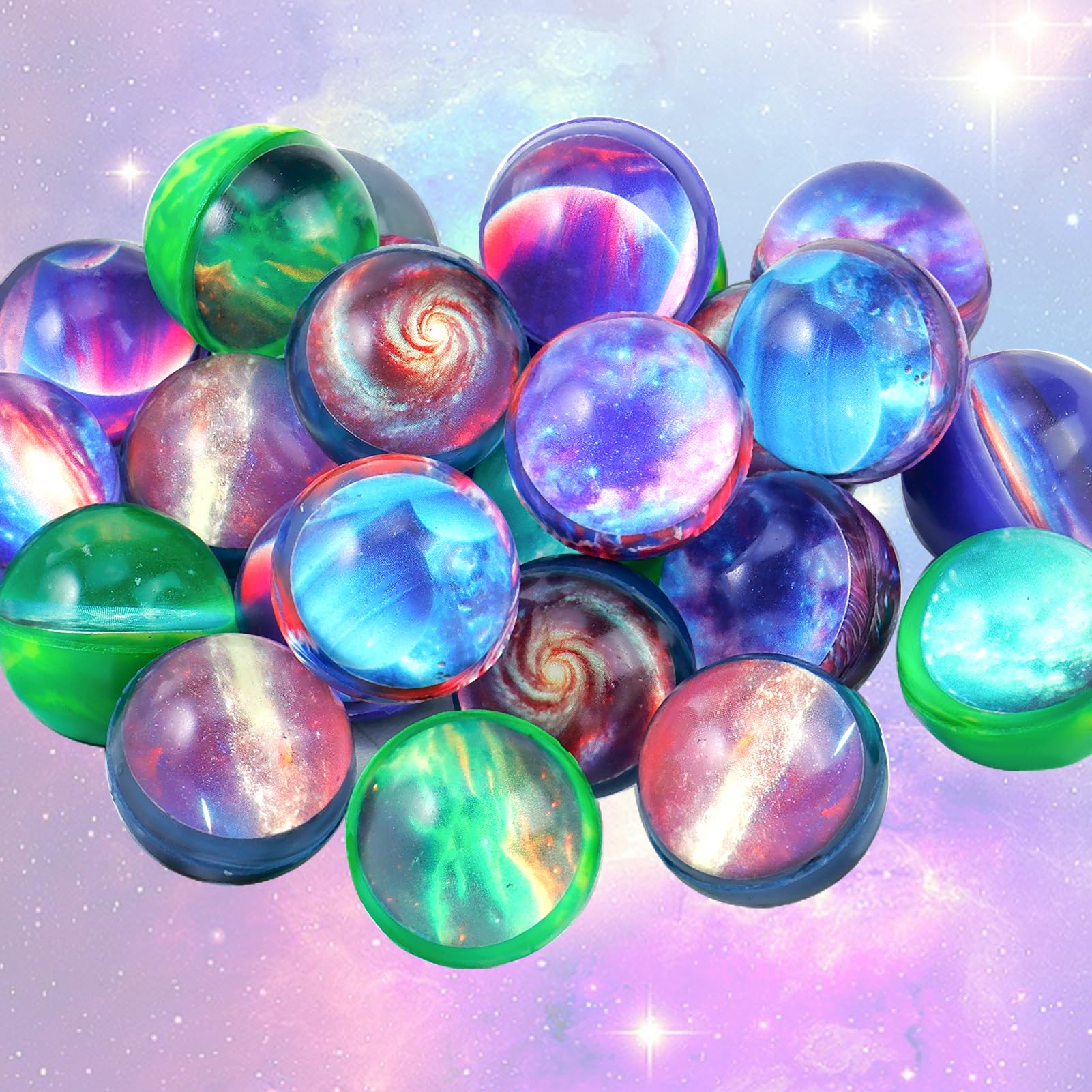 Pllieay 24PCS Galaxy Bouncy Balls, Space Balls Bulk 32mm Theme for Kids Party Favors, Christmas Gift Bag Filling B-073B