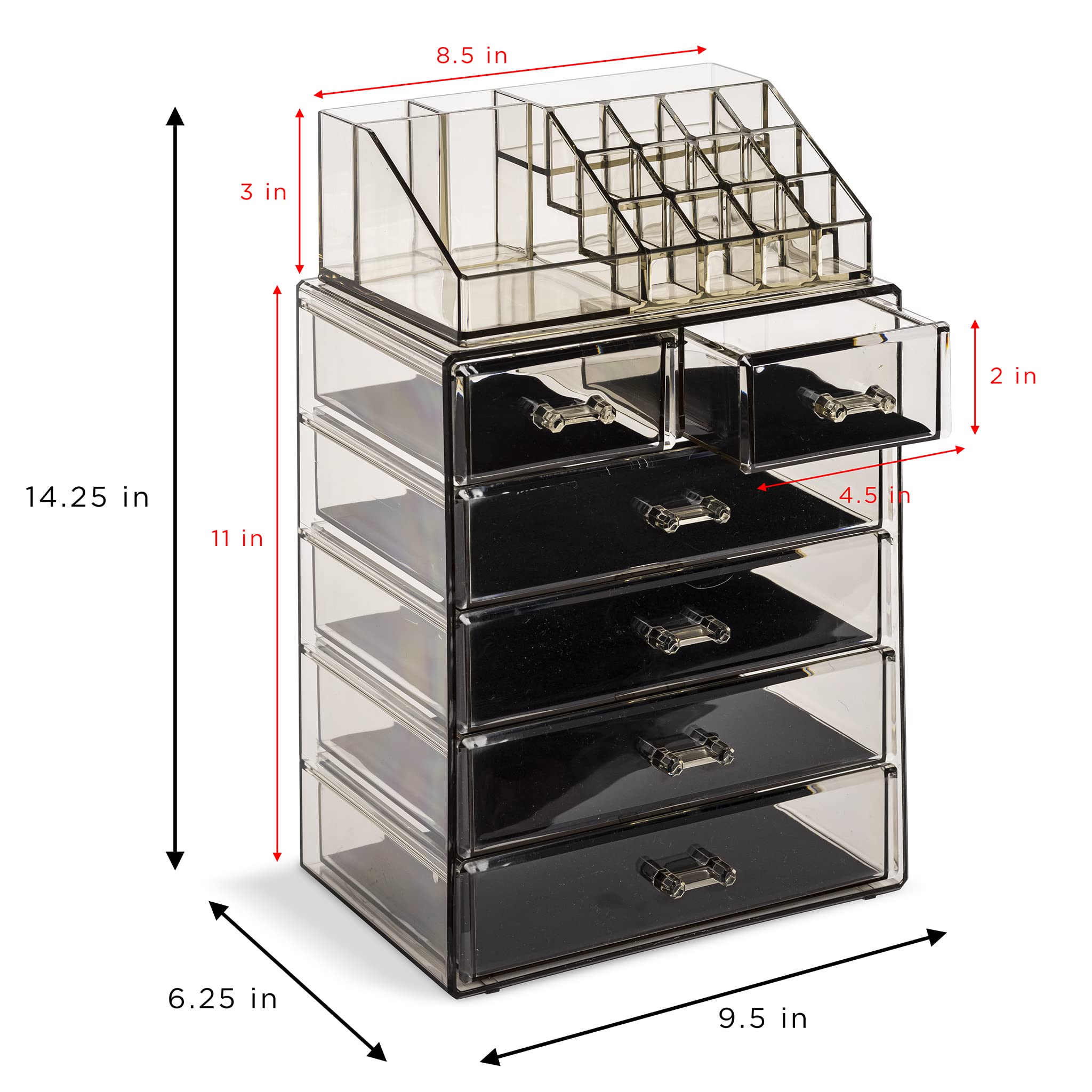 Sorbus Sorbus Clear Cosmetic Makeup Organizer - Make Up & Jewelry Storage, Case & Display - Spacious Design - Great Holder for Dresser, Bathroom, Vanity & Countertop (4 Large, 2 Small Drawers-Black Jewel)