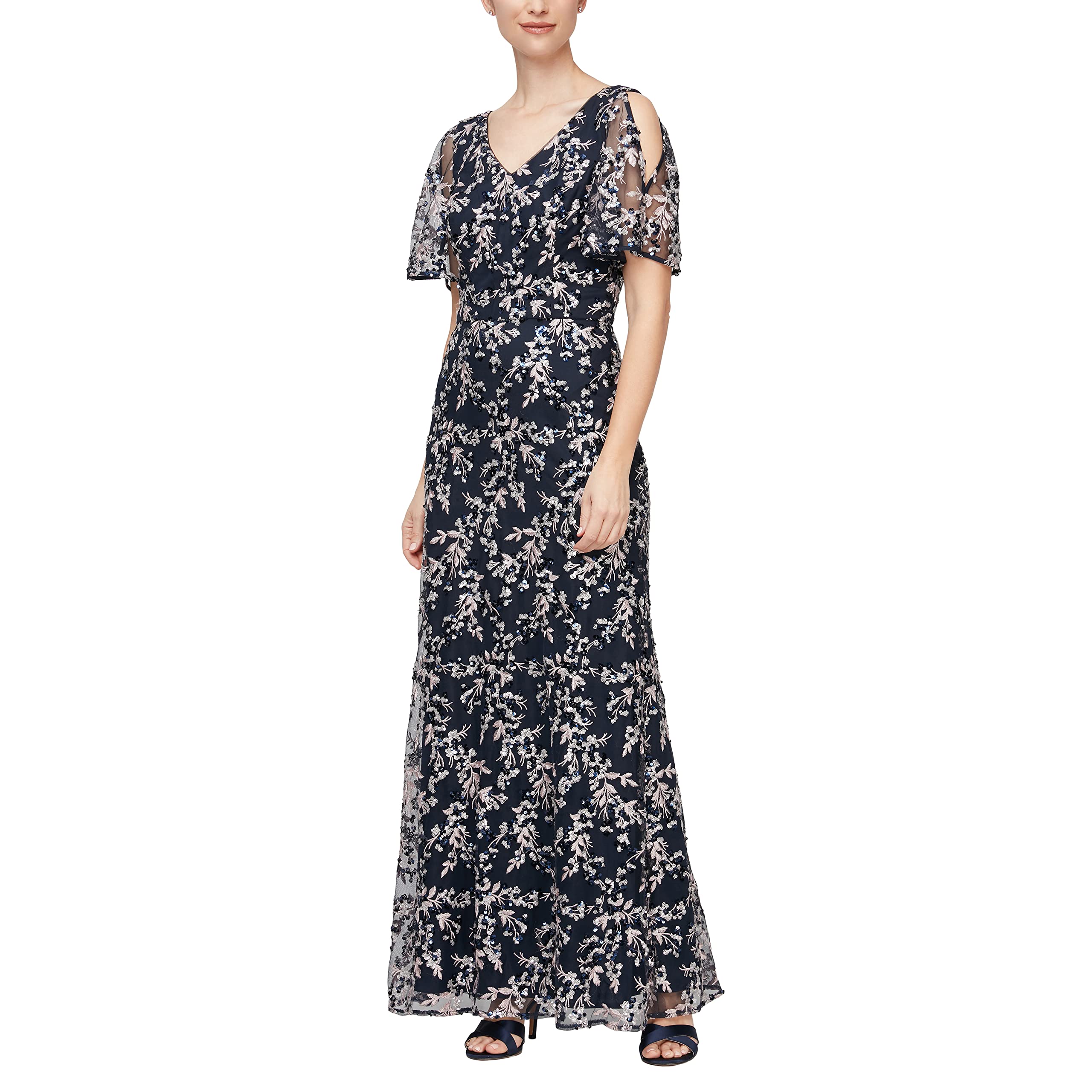 Alex Evenings Women’s Long Mother of The Bride Stretch Sequin Dress with Cold Shoulder Flutter Sleeves (Petite and Regular Sizes), Navy and Pink, 4