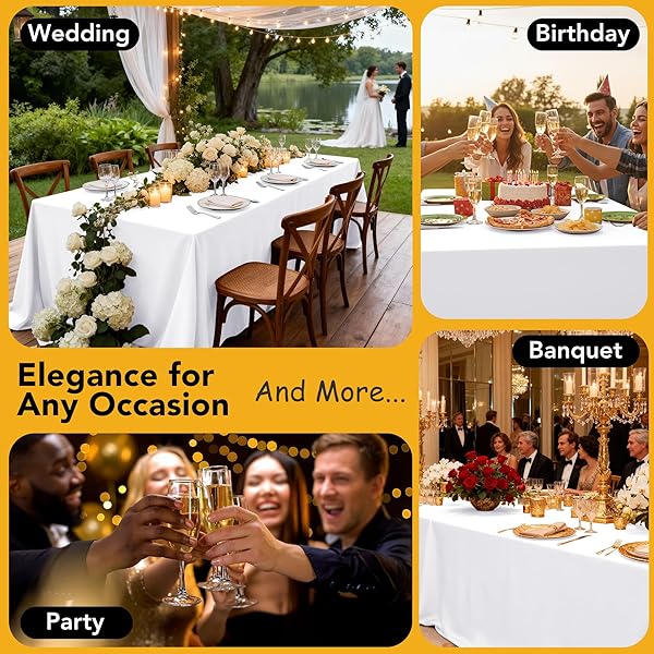 DAILYSET 10-PACK WHITE TABLECLOTHS FOR RECTANGLE TABLES, 60 X 102 INCHES, STAIN-RESISTANT POLYESTER FABRIC FOR 6 FOOT TABLES – WASHABLE TABLE COVERS FOR WEDDINGS, BANQUETS, BIRTHDAY, PARTIES, EVENTS