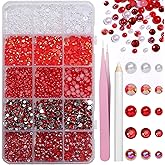 12000 Pcs Red Flatback Pearl and Rhinestones for Crafting, Mixed Sizes 3/4/5 mm Red Jelly Resin Rhinestone Pearls for Bedazzling, Half Pearls for Crafts DIY Mugs Makeup Crafts