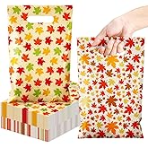 TaoBary 100 Pcs Thanksgiving Fall Plastic Gift Bags Bulk 11.8" x 7.9" Large Autumn Maple Leaves Pumpkin Candy Goodie Treat Bag with Handle for Fall Autumn Harvest Party Favor Supplies (Maple Leaf)