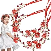 Auswalar 2 PCS Red Daisy Pearl Flower Vine Rhinestones Headband, Flower Headband Floral Hair Wreath Headpiece for Bridal Women Girls Hippie Wedding Party