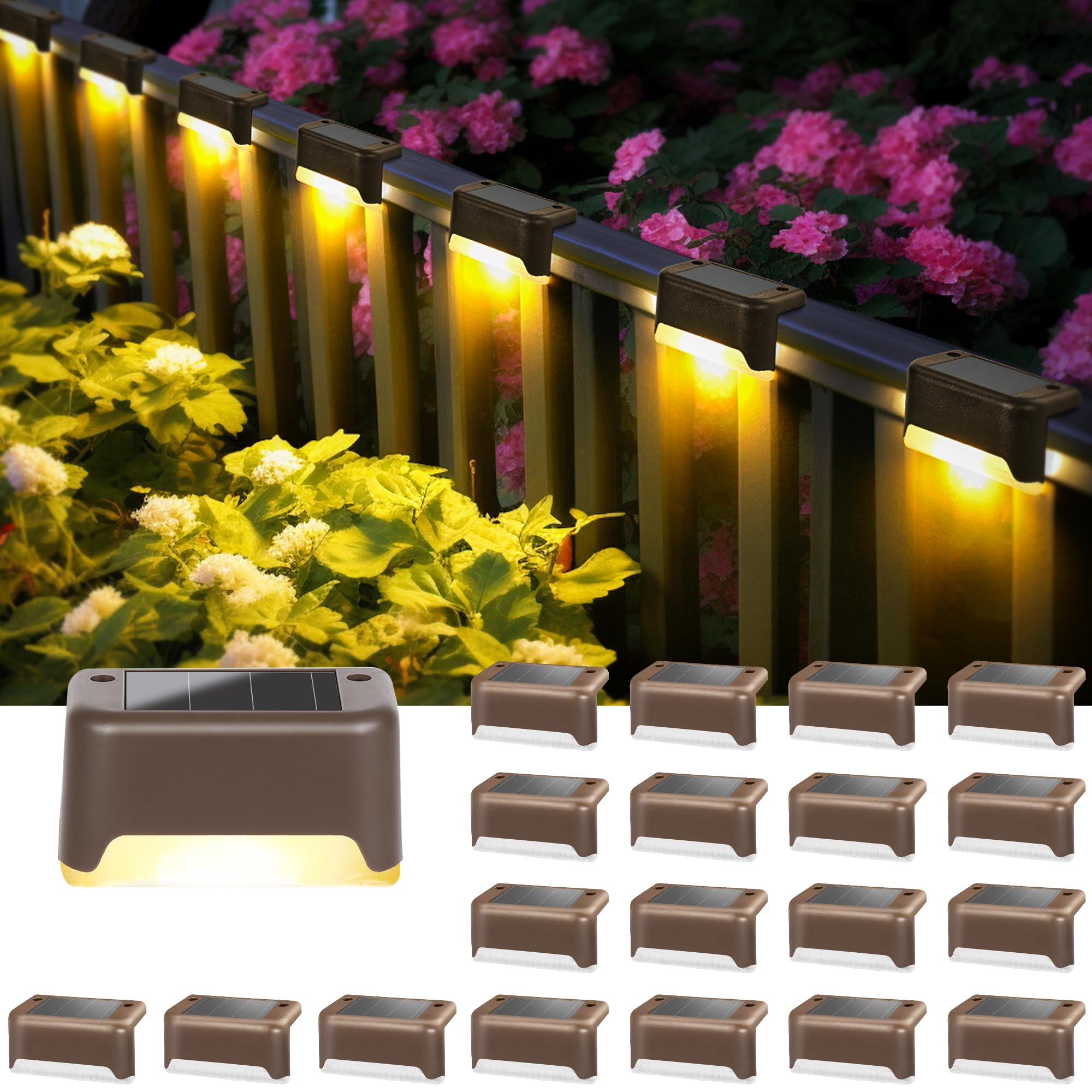 Solpex Solar Deck Lights, 20 Pack Solar Lights for Outdoor, Waterproof for Outdoor Stairs, Step, Fence, Yard, Patio, Pathway(Brown Warm White)