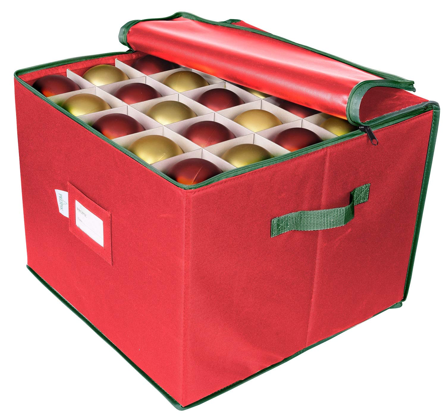 ProPik Xmas Bauble Decorations Storage Box, Holds Up to 75 Tree Ornament Balls, Holiday Ornaments Organiser, Divided on 3 Trays with Dividers to Organize Durable 600D Oxford Material (Red)
