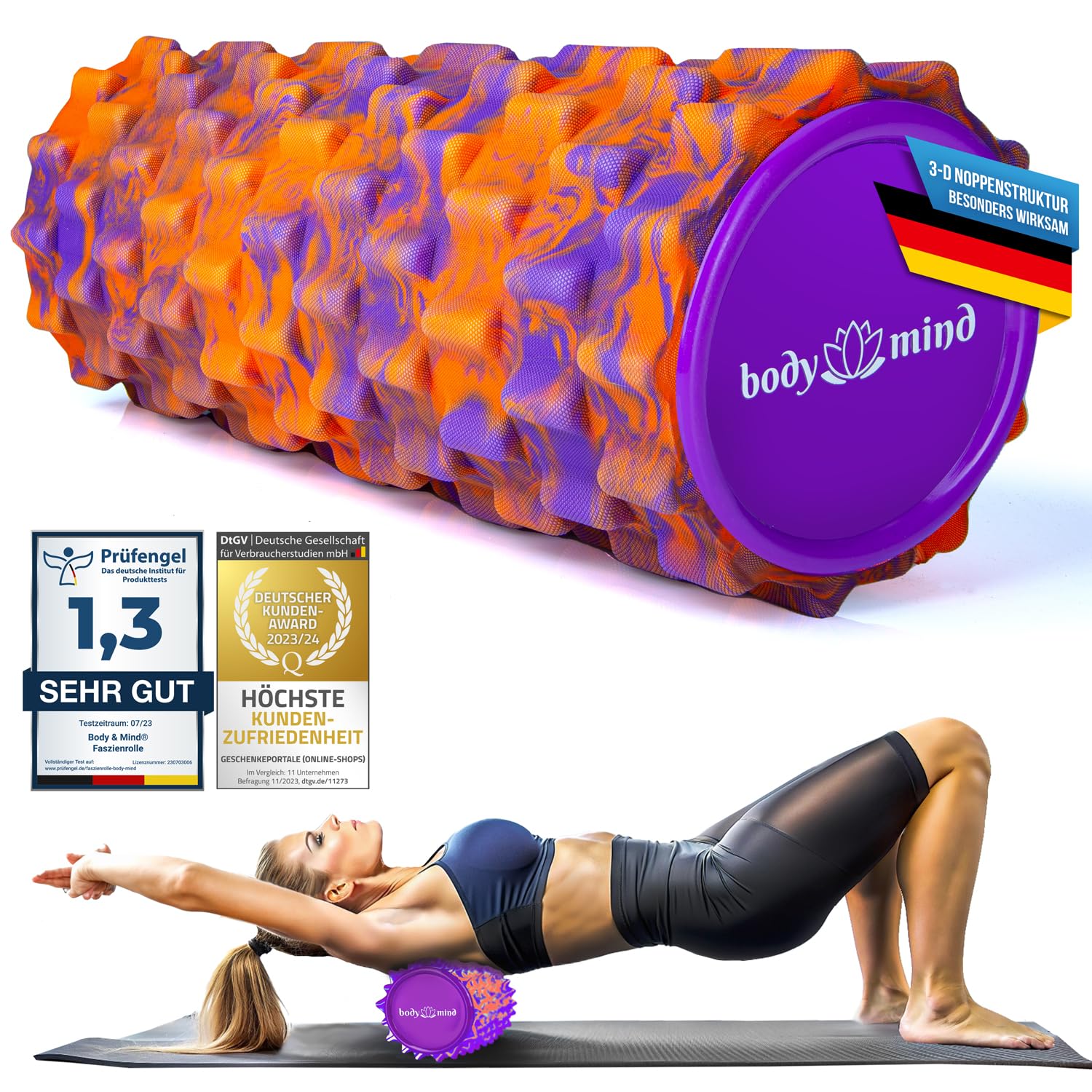 Fascia Roller Massage Roller Fitness Roller Sports Roller Therapy Roller; Fascia Training for Upper Body, Neck, Back, Legs, Calves & All Other Muscle Groups (Orange-Purple)