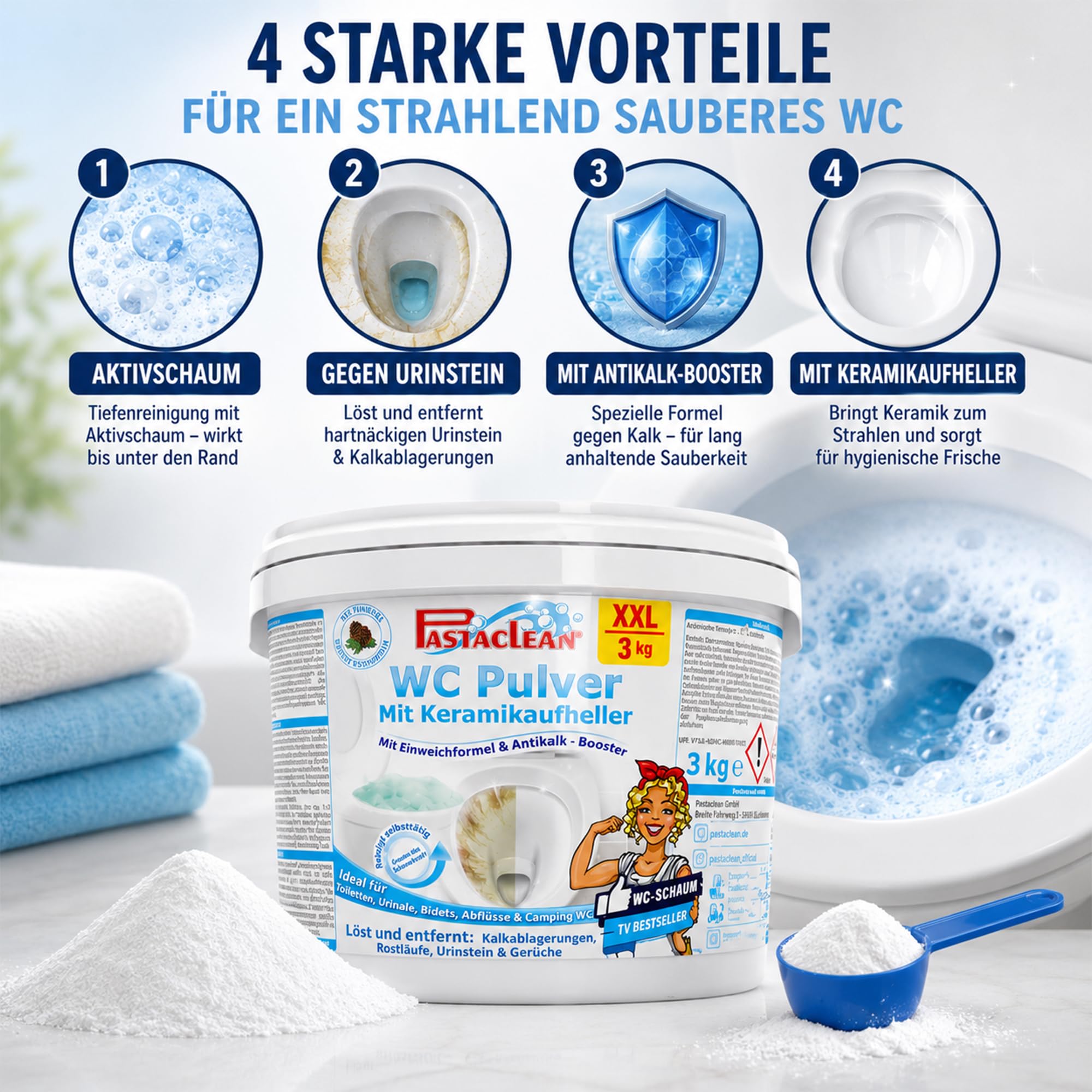 Pastaclean WC Pulver XXL 3 kg – Extra starker WC-Reiniger & Urinsteinentferner mit Pinienöl – Keramikaufheller & Bleaching-Effekt – Kalkreiniger & WC-Schaum gegen Urinstein, Kalk & Ablagerungen 5